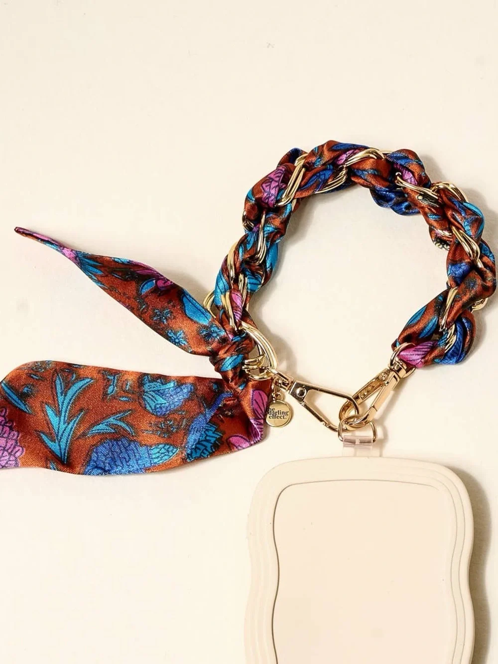 Braided Silk-Print Wristlet Phone Charm with Gold Hardware - Blue/Brown